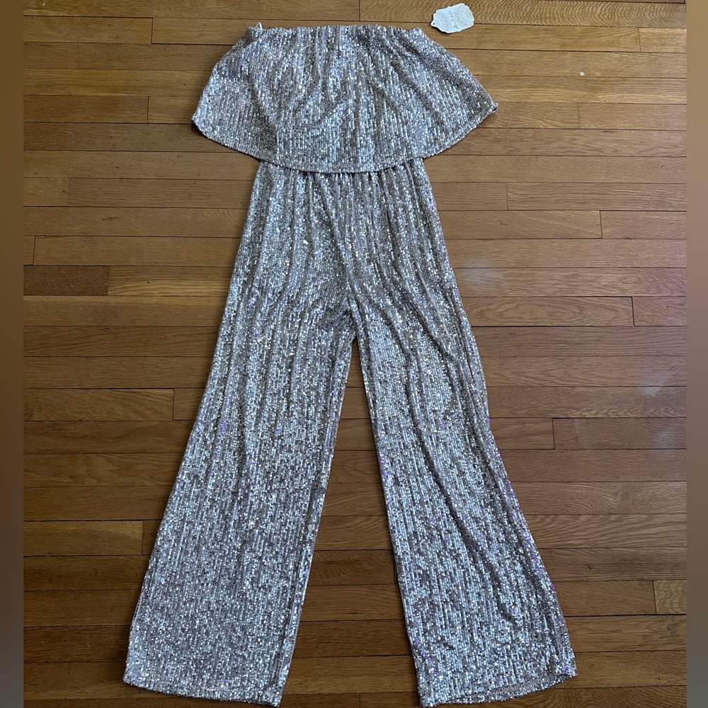 NWT Altar'd State Strapless Sequin Silver Jumpsuit